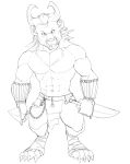  4_fingers 4_toes anthro bandage bandaged_feet barefoot big_abs big_biceps big_deltoids big_muscles big_quads black_and_white bristol chest_tuft claws clothed clothed_anthro clothed_male clothing digital_drawing_(artwork) digital_media_(artwork) digitigrade dual_wielding feet fingers front_view full-length_portrait head_tuft hi_res holding_knife holding_melee_weapon holding_object holding_weapon horn huge_muscles huge_pecs humanoid_hands knife looking_aside male male_anthro mammal mane manly monochrome mouth_closed muscular muscular_anthro muscular_male navel portrait simple_background standing toes topless topless_anthro topless_male tuft warrior weapon white_background 