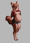  2021 anthro belly big_belly breasts canid canine canis clothed clothing clothing_lift domestic_dog eyes_closed female folvondusque grey_background hi_res mammal pregnant pregnant_female presenting presenting_belly presenting_breasts shirt shirt_lift simple_background smile solo topwear 
