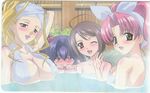  4girls bath blonde_hair blush breasts brown_eyes brown_hair large_breasts long_hair maburaho multiple_girls nipple nipples onsen pink_hair purple_hair towel water wink 