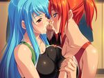  1boy 2girls artist_request blue_hair breast_press breasts censored character_request cleavage clothed_sex cum facial fellatio hand_holding lycra multiple_fellatio multiple_girls oral penis red_hair source_request spandex swimsuit symmetrical_docking teamwork 