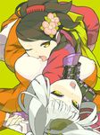  animal_ears armor blush breast_licking breasts breasts_outside brown_eyes brown_hair comb flower hair_flower hair_ornament itsumo_nokoru japanese_clothes kimono kongiku large_breasts leaf leaf_on_head licking lying momohime multiple_girls nipples oboro_muramasa on_back one_eye_closed open_mouth simple_background white_hair yellow_eyes yuri 