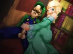  1girl blonde_hair blue_eyes blush book bookshelf breasts brown_hair green_eyes handjob hetero lips long_hair luigi mario_(series) medium_breasts nintendo penis pinky_out rosetta_(mario) super_mario_bros. super_mario_galaxy testicles 