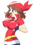  :d arukime bandana bangs belt beltskirt blue_eyes blush breast_lift breasts brown_hair colorized covered_nipples cowboy_shot from_side gloves haruka_(pokemon) high_collar impossible_clothes impossible_shirt large_breasts lowres open_mouth pokemon pokemon_(anime) profile shirt short_hair short_sleeves simple_background smile solo third-party_edit white_background 