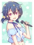  1girl :d bare_shoulders blue_hair blue_ribbon blue_shirt bow choker crop_top e20 flower green_eyes hair_between_eyes hair_bow hair_flower hair_ornament holding holding_microphone looking_at_viewer microphone mizuno_ai navel open_mouth purple_eyes ribbon ribbon_choker shirt short_hair short_twintails smile solo star twintails upper_body yellow_bow zombie_land_saga 