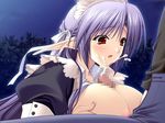  breasts censored cum ejaculation facial huge_breasts maid paizuri penis pointy_ears purple_hair red_eyes tagme 