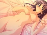 1girl asaga_aoi bed blush breasts censored clenched_fist clenched_hand embarrassed game_cg lying navel nude one_suku!_~onee-san_scramble~ pussy solo 