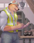  4:5 anthro bottomwear canid canine canis clothing detailed_background domestic_dog fauna_island fingers fur hi_res male mammal muscular pants shiba_inu shirt signature solo spitz topwear wolf work 