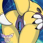  1:1 albinoraynedeer anthro bandai_namco bikini bikini_bottom butt butt_grab clothing digimon digimon_(species) female hand_on_butt hi_res looking_at_viewer looking_back qr_code raised_tail renamon solo swimwear usb_port 