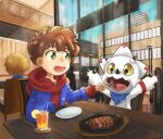  anthro bandai_namco beef ceratopsian chibi digimon digimon_(species) digimon_ghost_game dinosaur doodlersand duo feeding food gammamon hi_res hiro_amanokawa horn hot_plate human male mammal meat ornithischian reptile scalie steak triceratops white_body yellow_eyes 