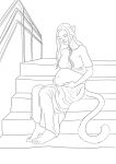  absurd_res animal_humanoid barefoot belly big_belly cat_humanoid clothed clothing domestic_cat dress feet felid felid_humanoid feline feline_humanoid felis female foot_focus hair hands_on_belly happy hi_res humanoid humanoid_feet line_art long_hair looking_down mammal mammal_humanoid monochrome pregnant sitting smile solo stairs tfancred 