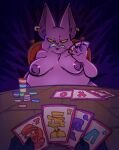  absurd_res alien angry anthro belly card champa claws domestic_cat dragon_ball dragon_ball_super ear_piercing ear_ring felid feline felis furniture hi_res male mammal moobs nipples overweight overweight_male piercing poker_chip purple_body salamikii sharp_teeth simple_background strip_poker table teeth yellow_eyes 