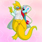  1:1 ahegao_clothing ahegao_shirt alphys anthro blush body_blush bottomless chubby_female clothed clothing embarrassed eyewear female genitals gesture glasses hi_res lizard partlysmith plump_labia pussy pussy_blush reptile scalie slightly_chubby solo thick_tail undertale undertale_(series) v_sign video_games 