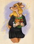  2021 anthro antlers blush bottomwear breasts brown_eyes brown_nose caribou_(artist) cervid clothing deltarune digital_media_(artwork) eyebrows eyelashes female hooves horn mammal noelle_holiday pleated_skirt signed simple_background skirt smile solo sweater topwear undertale_(series) video_games 