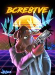  anthro brown_body brown_ears brown_fur brown_hair capreoline cervid fur glistening glistening_eyes green_eyes gun hair handgun hi_res holding_gun holding_handgun holding_object holding_weapon male mammal moose ranged_weapon retro solo synthwave weapon 