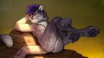  16:9 anchee anthro anus balls black_pawpads black_spots collar feet felid fingers fur genitals grey_body grey_fur hair male mammal pantherine pawpads purple_hair smile snow_leopard solo spots spotted_body spotted_fur toes widescreen 