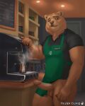  4:5 5_fingers anthro apron balls barista beverage biceps bottle bottomless brown_body brown_eyes brown_fur cafe circumcised clothed clothing coffee coffee_shop detailed_background english_text erection fauna_island fingers fur genitals hi_res humanoid_genitalia humanoid_penis humor inside male mammal muscular muscular_anthro muscular_male pantsless pecs penis polo_shirt public public_nudity pun shirt signature solo standing steam text topwear unprofessional_behavior ursid visual_pun 