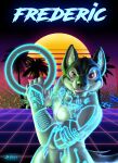  anthro badge canid canine canis domestic_dog glistening glistening_eyes heterochromia hi_res husky ironraptor looking_at_viewer male mammal nordic_sled_dog pink_eyes retro solo spitz synthwave tron yellow_eyes 