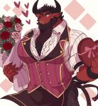  &lt;3 anthro beard black_hair black_horn bottomwear bouquet bovid bovine cattle clothing facial_hair facial_piercing flower hair hi_res holidays horn jugger_(character) juggermelon male mammal muscular muscular_anthro muscular_male nose_piercing nose_ring pants pecs piercing plant red_body rose_(flower) solo topwear valentine&#039;s_day vest 