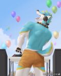  4:5 anthro balloon bottomwear butt canid canine canis clothing cloud day domestic_dog facial_piercing fauna_island fur headphones hi_res inflatable male mammal muscular nose_piercing outside party pawpads piercing public shorts signature solo wolf 
