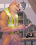  4:5 anthro balls canid canine canis clothing detailed_background domestic_dog erection fauna_island fingers fur genitals hi_res humanoid_genitalia humanoid_penis male mammal mostly_nude muscular penis signature solo topwear vest wolf work 
