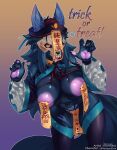  &lt;3 abyssal_wolf anthro areola big_breasts blue_body blue_fur bone breasts canid canine canis elvia english_text female fur hi_res looking_at_viewer mammal see_is_see solo text wolf 