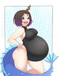  absurd_res animal_humanoid aquatic_dragon belly big_belly big_breasts breasts cleavage clothed clothing dragon dragon_humanoid elma_(dragon_maid) female hi_res horn horned_humanoid huge_breasts humanoid marine miss_kobayashi&#039;s_dragon_maid nipple_outline one-piece_swimsuit open_mouth pregnant rabidbunny swimwear 