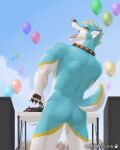  4:5 anthro balloon butt canid canine canis cloud day domestic_dog facial_piercing fauna_island fur headphones hi_res inflatable male mammal muscular nose_piercing nude outside party pawpads piercing public signature solo wolf 