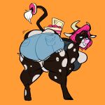 2021 anthro back_boob bent_over big_butt blue_eyes bovid bovine breasts brown_body butt cake cattle cleavage cleavage_overflow clothed clothing dessert digital_media_(artwork) female food hair hi_res horn looking_back mammal motion_lines orange_background overweight overweight_female pink_hair presenting presenting_hindquarters ryarik shaking_butt simple_background smaller_version_at_source solo spots thick_thighs white_spots 