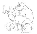  anthro barefoot black_and_white cigarette clothed clothing eyewear feet glasses hand_on_leg hand_on_thigh male mammal monochrome musclegut navel nipples rhinocerotoid simple_background sitting smile smoking solo stubble tetsuo_oshiba topless underwear underwear_only white_background 