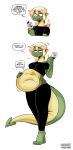  2021 anthro belly big_belly big_tail blonde_hair card claws clothing dialogue digital_media_(artwork) dragon english_text feet female female_pred hair hi_res midriff open_mouth oral_vore pointed_tail scalie shyguy9 smile sophie_(shyguy9) talking_to_another teeth text toe_claws toes unseen_character vore 