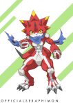  abs anthro bandai_namco betelgammamon clawed_feet claws digimon digimon_ghost_game hi_res horn male muscular muscular_anthro muscular_male officialseraphimon pecs red_body scalie scarf solo standing yellow_eyes 