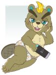  animal_crossing anthro beaver belly blonde_hair blue_eyes brown_body brown_fur c.j._(animal_crossing) clothing eyebrows fur hair hi_res male mammal nintendo nintendo_switch nipples rodent slightly_chubby solo tbid thick_eyebrows underwear video_games 