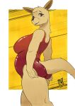  2021 anthro beauty_mark breasts brown_eyes butt clothed clothing digital_media_(artwork) eyelashes female hi_res kangaroo looking_at_viewer looking_back looking_back_at_viewer macropod mammal marsupial odd_taxi one-piece_swimsuit signature solo swimwear taeko_(odd_taxi) zwitterkitsune 