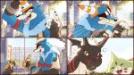  16:9 annoyed anthro bandai_namco blackgrowlmon blue_body blue_fur dahecksajerry digimon digimon_(species) english_text eyewear eyewear_on_head fur gargomon group hi_res human humor imitating machgaogamon male mammal scar sunglasses sunglasses_on_head text traffic_cone widescreen 