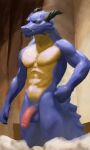  3:5 anthro balls blue_body claws claython countershade_torso countershading dragon fangs flaccid genitals hi_res horn humanoid_genitalia humanoid_penis male non-mammal_balls nude penis reptile scalie shower solo spiked_tail spikes spikes_(anatomy) steam wingless_dragon 
