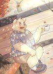  2021 anthro autumn belly beverage biped bottomwear clothing coffee detailed_background digital_drawing_(artwork) digital_media_(artwork) falling_leaves fur grass hand_on_knee hand_on_leg hi_res holding_object humanoid_hands kemono kentachen27 looking_at_viewer male mammal mug outside overweight overweight_male plant shaded shirt shorts sitting solo topwear tree ursid wall_(structure) 