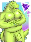  absurd_res anthro belly biceps blue_claws blue_tongue claws dinosaur erect_nipples fist foreskin genitals green_body green_nipples green_penis green_skin hi_res humanoid_genitalia humanoid_penis kaiju male musclegut muscular muscular_male nickelodeon nipples orange_eyes pecs penis purple_penis reptar reptile rugrats scalie simple_background solo tail_motion teeth teeth_showing text theropod tongue tongue_out trick_rex_(artist) tyrannosaurid tyrannosaurus tyrannosaurus_rex vein veiny_penis 
