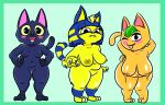  animal_crossing ankha_(animal_crossing) anthro big_breasts bigshieldgardna blue_hair breasts chubby_female claws domestic_cat fangs felid feline felis female food food_creature genitals group hair hi_res kiki_(animal_crossing) looking_at_viewer mammal nintendo nipples nude orange_body pussy short_stack slightly_chubby smile tangy_(animal_crossing) video_games wide_hips yellow_body 