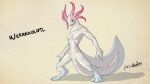  16:9 4_toes absurd_res amphibian axolotl breasts digitigrade english_text featureless_breasts feet female hi_res lluisabadias mole_salamander nude salamander_(amphibian) simple_background solo standing text toes were white_body widescreen 