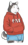  2015 9:14 anthro black_body blush bulge canid canine canis clothing domestic_dog fat_hoodie hi_res hoodie jeck kemono male mammal meme meme_clothing simple_background slightly_chubby solo text text_on_clothing text_on_hoodie text_on_topwear topwear underwear white_background white_body 
