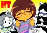  648ers blush canid canine clothed clothing eyewear felid feline glasses group hair human mammal open_mouth protagonist_(undertale) round_glasses simple_background smile tem temmie_(undertale) text topwear undertale undertale_(series) video_games white_body 