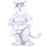  1:1 2016 aaron_(artist) anthro apron belly blue_and_white bottomwear canid canine clothing dessert disney food fox gideon_grey hi_res humanoid_hands male mammal monochrome overweight overweight_male pants pie shirt simple_background solo topwear white_background zootopia 
