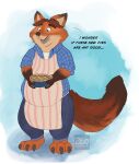  260 2020 anthro belly blue_eyes bottomwear canid canine clothing dessert dialogue disney english_text food fox gideon_grey hi_res humanoid_hands male mammal orange_body overweight overweight_male pants pie shirt solo text topwear weight_gain zootopia 
