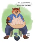  260 2020 absurd_res anthro belly bottomwear canid canine chair clothing dialogue disney english_text fox furniture gideon_grey hi_res humanoid_hands male mammal obese orange_body overweight overweight_male pants shirt sitting solo text topwear weight_gain zootopia 
