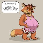  1:1 2020 anthro apron belly canid canine clothing dialogue disney english_text fox gideon_grey hi_res humanoid_hands kyshelton male mammal orange_body overweight overweight_male pregnant pregnant_male simple_background solo text underwear zootopia 