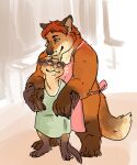  2017 anthro apron brown_body brown_fur canid canine clothing disney domestic_ferret duo embrace fox fur gideon_grey hug hugging_from_behind humanoid_hands male male/male mammal mustela mustelid musteline opferziege overweight overweight_male shirt topwear travis_(zootopia) true_musteline zootopia 