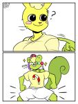  3:4 anthro blush border clothed clothing cuddles_(htf) ev_htf_(artist) fur green_body happy_tree_friends hi_res mammal nutty_(htf) rodent sciurid smile teeth text white_border yellow_body 