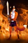  anthro canid canine fire fox gladiator hi_res iron male mammal melee_weapon red_fox rusudan_almazova_(artist) solo sword talisman tayrush_(character) warrior weapon 