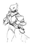  2021 anthro armor avian beak bird bottomless breastplate clothed clothing female genitals guoh monochrome pussy satchel scarf simple_background sketch solo white_background 