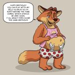  1:1 2020 anthro apron belly belly_rub canid canine clothing dialogue disembodied_hand disney duo english_text fox gideon_grey happy_birthday hi_res humanoid_hands kyshelton male mammal navel orange_body overweight overweight_male pregnant pregnant_male simple_background solo_focus text underwear zootopia 